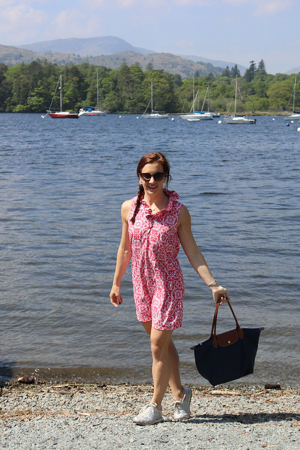 Pink Ruffle Neck Collar Dress and Longchamp Le Pliage Medium Shoulder Tote Bag