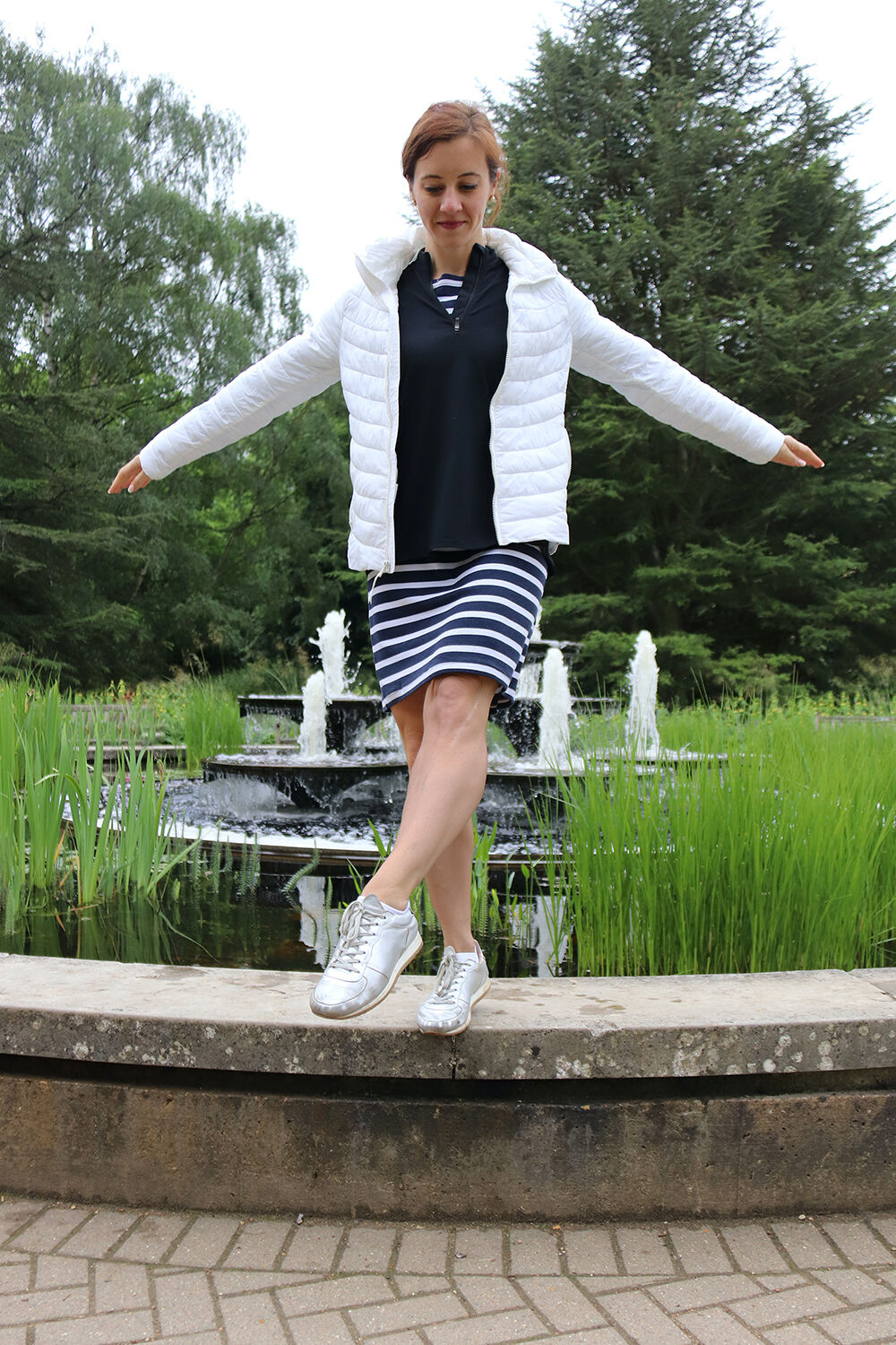 White Waterproof Puffer Jacket and LK Bennett Metallic Sneakers