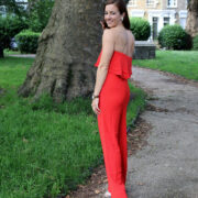UK Fashion Blogger in a Strapless Red Jumpsuit