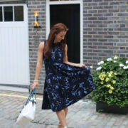 London Blogger in Blue Abstract Dress from Ann Taylor and Silver JCrew Heels