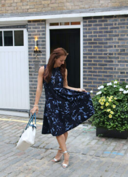 London Blogger in Blue Abstract Dress from Ann Taylor and Silver JCrew Heels