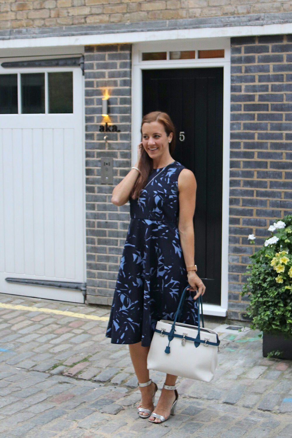 London Fashion Blogger in Blue Abstract Dress