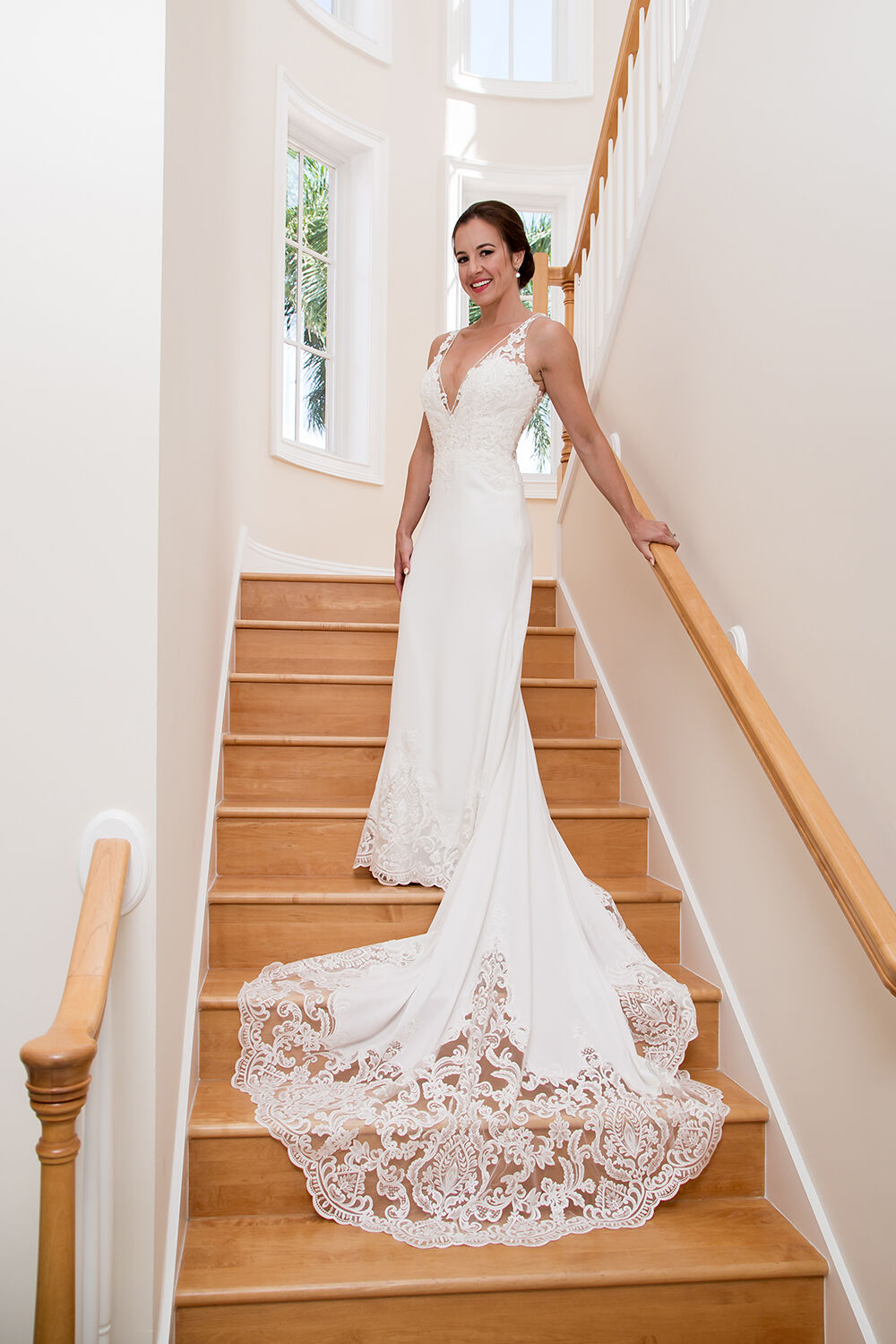 Pronovias Erandi on the Stairs with Dress Train