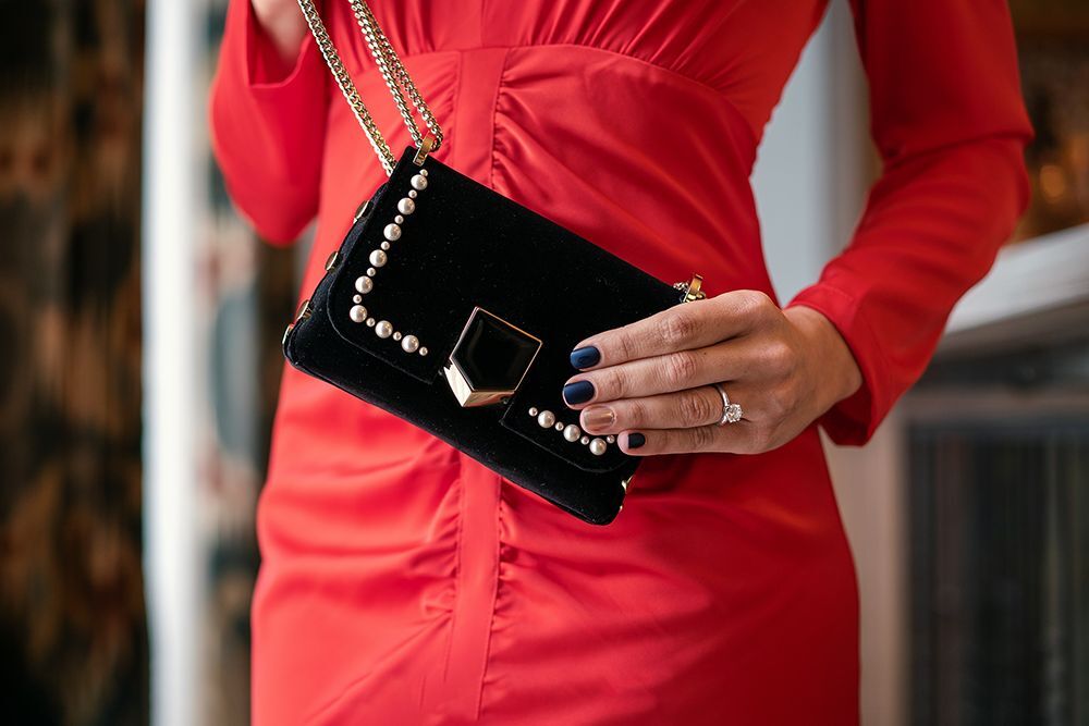 Black Velvet and Rhinestone Clutch and Kiss imPRESS False Nails in Navy
