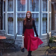 London Fashion Blogger in a Red Pleated Skirt AND Monogram Pendant Necklace