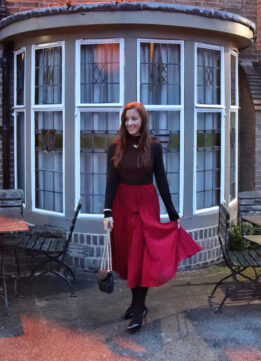 London Fashion Blogger in a Red Pleated Skirt AND Monogram Pendant Necklace