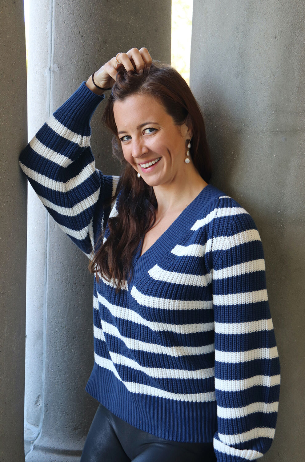 Navy Striped V-Neck Pullover Sweater and Shashi Aurora Pearl Drop Earring