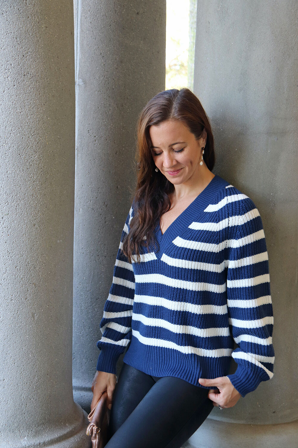 Target Style Navy Striped V-Neck Pullover Sweater with Spanx Leggings