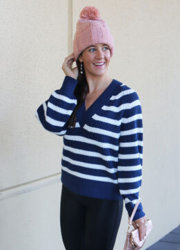 Universal Thread Cable Pom Beanie in Clay and Navy Striped V-Neck Pullover Sweater