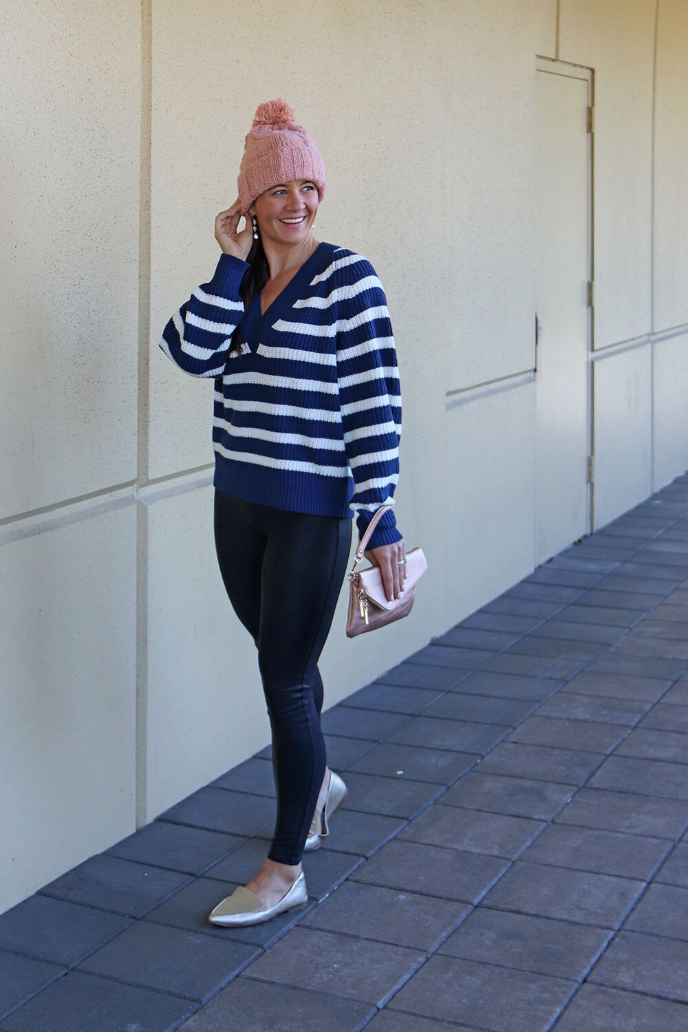Winter Style in Striped Sweater, Universal Thread Cable Pom Beanie in Clay and Gold Loafer Flats