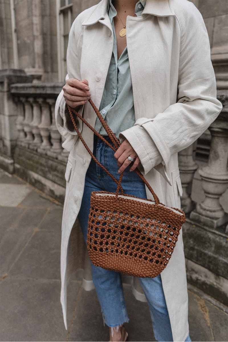 Emma Hill with Woven Tan Bag