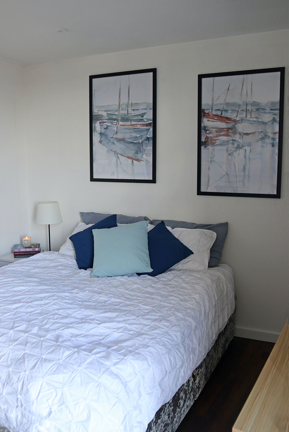 Guest Room with Watercolor Harbor Study I and Watercolor Harbor Study II from Photowall with Desk
