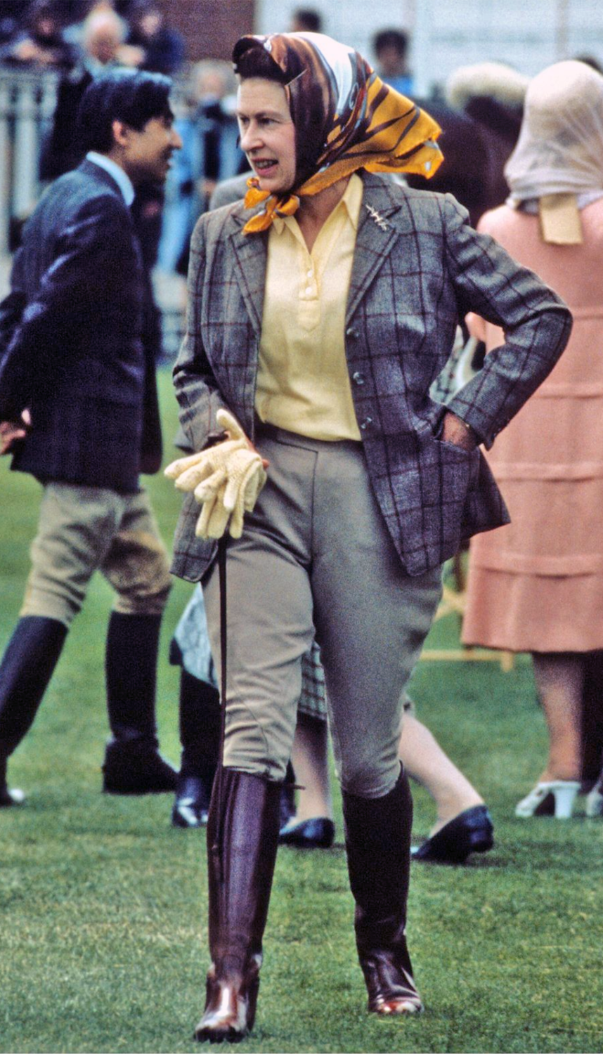 1988 - The Queen in riding gear and a printed headscarf at the Royal Windsor Horse Show via Town & Country