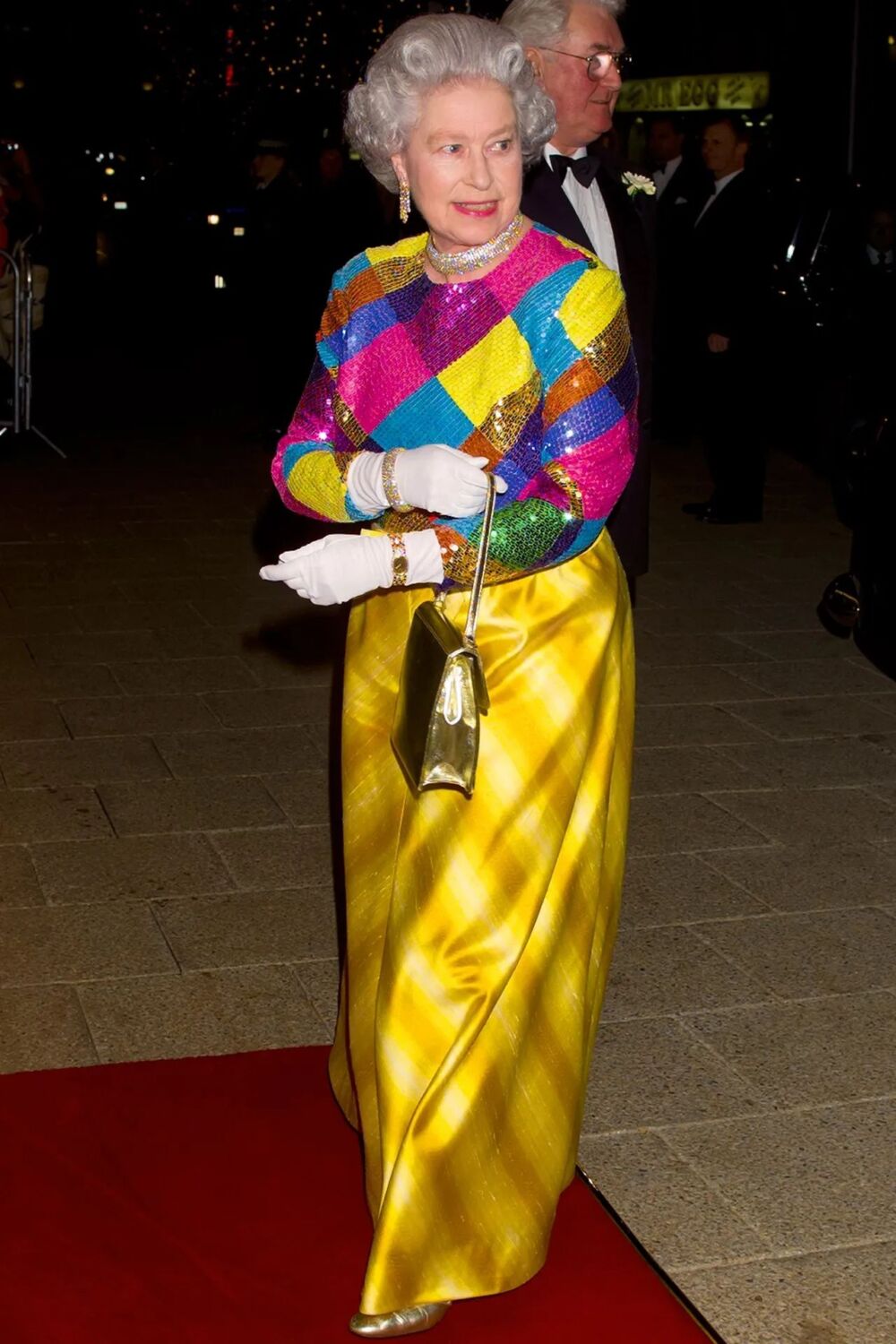 1999 - sequined top and striped gold skirt for Royal Variety Performance at the Birmingham Hippodrome - Getty