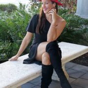 London Fashion Blogger - Who What Wear Black One Shoulder Puff Short Sleeve Dress and Red Fedora Hat - Fall Style