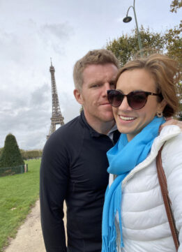 Paris Selfie in a Lightweight White Puffer Jacket and Blue Scarf
