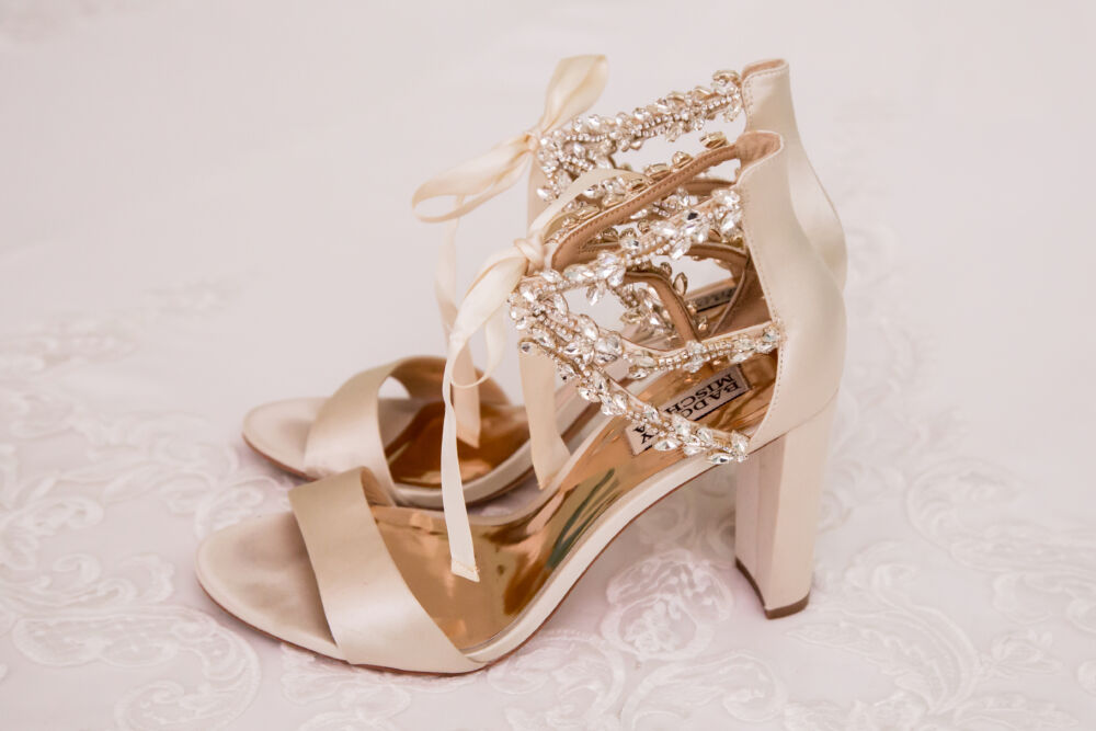 thumbnail interactive-video image 1 of Block Heel Wedding Shoe, Ivory Satin And Glitter Topknot Tiaras 1 of 14