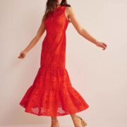 Boden Broderie Tiered Maxi Dress in Orange Red