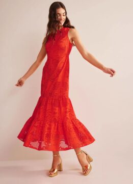 Boden Broderie Tiered Maxi Dress in Orange Red