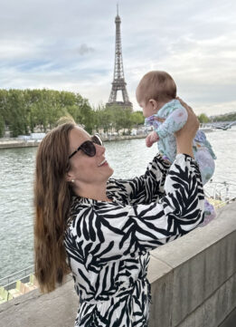 Kelly and Lily on the Pont de l'Alma with the Eiffel Tower
