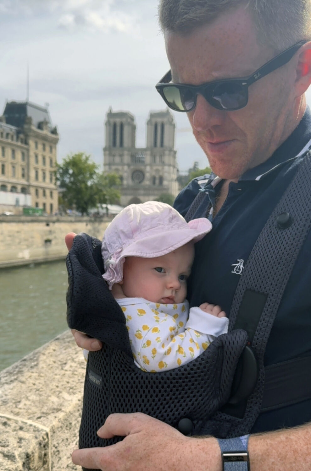 Lily in Babybjorn Carrier at Notre Dame Cathedral paris