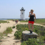 Straw Boater Hat Blank Tank and Coral Shorts at Edgartown Harbor Light in Marthas Vineyard