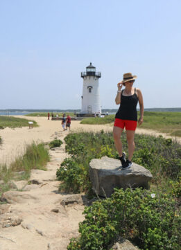 Straw Boater Hat Blank Tank and Coral Shorts at Edgartown Harbor Light in Marthas Vineyard