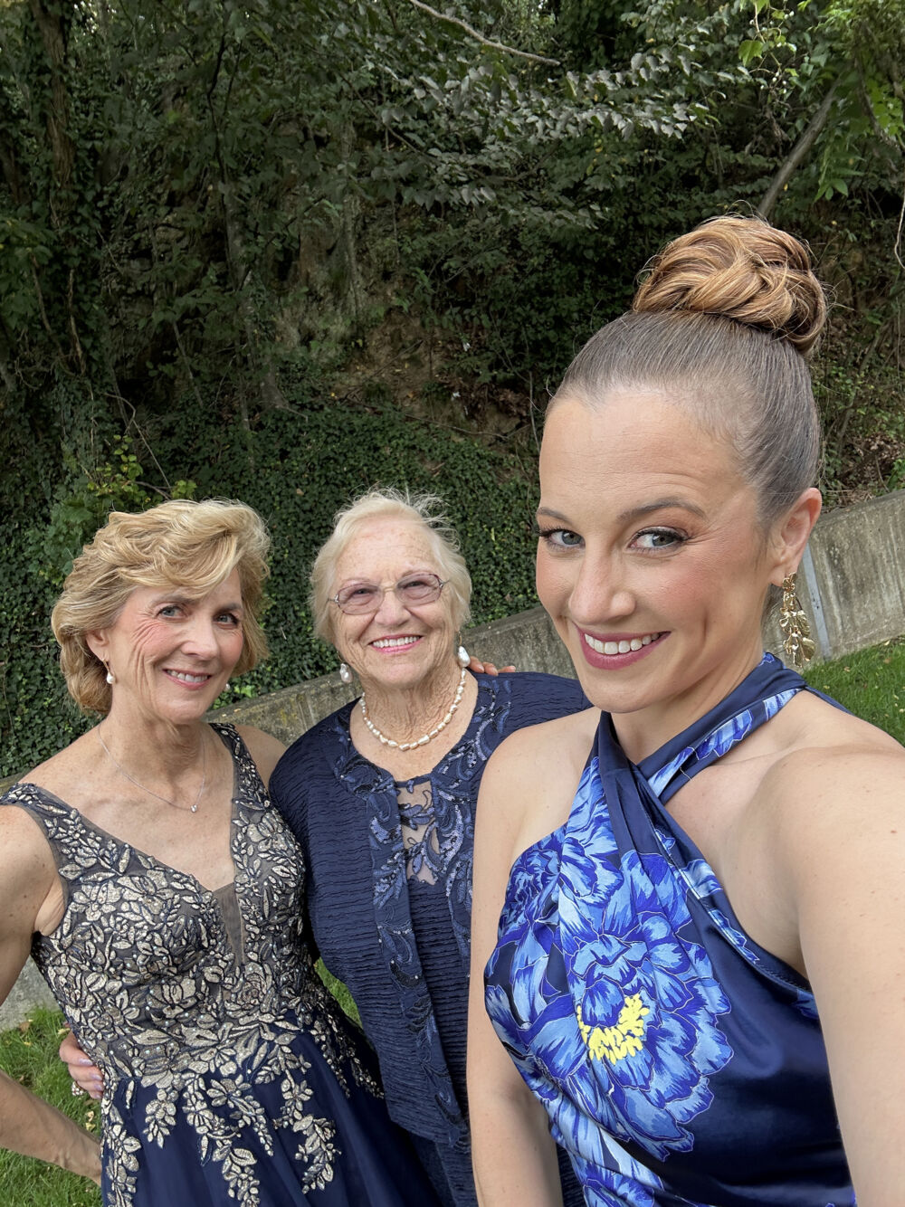 Selfie with My Mom and Grandma, my mom was waring and XSCAPE Embroidered Formal Full Length Gown with Appliques