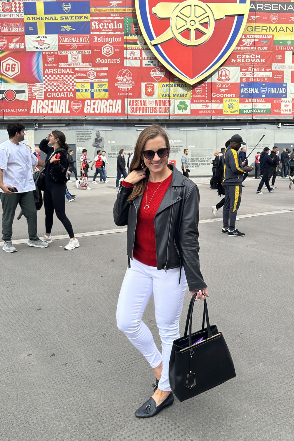 London Blogger in AllSaints Leather Jacket at Emirates Stadium