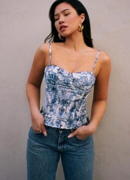 Pretty Little Thing Blue Renaissance Print Structured Corset Top