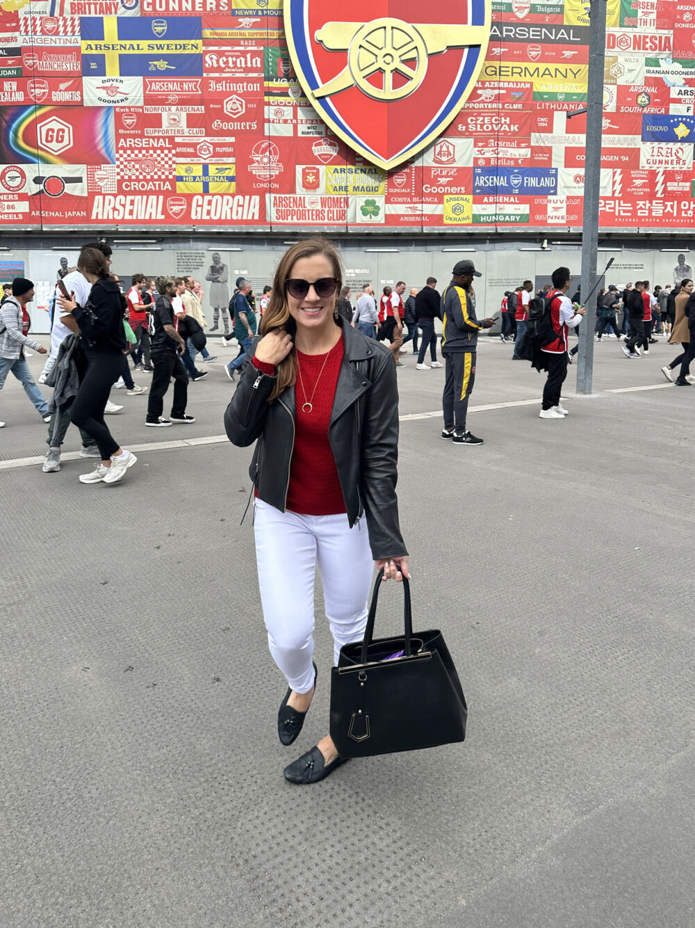 Red and White Outfit with Pops of Leather at Emirates Stadium