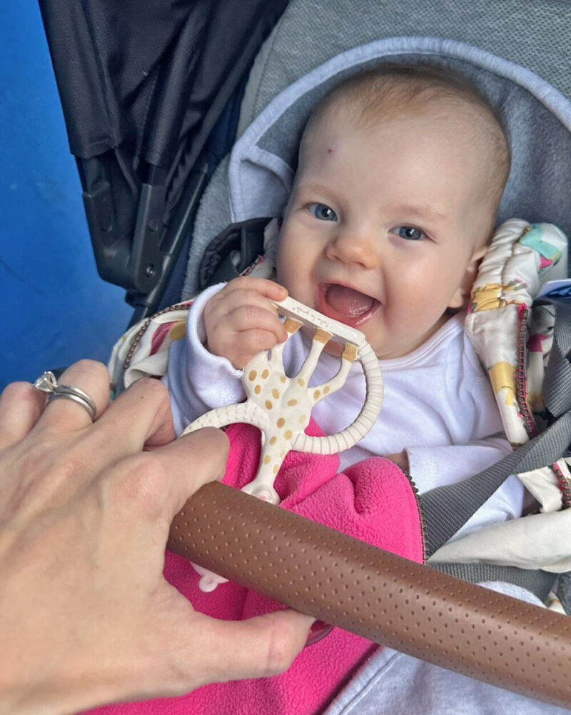 Lily Harper Eating in Uppababy Vista with Sophie - Strawberry Birthmark.jpg