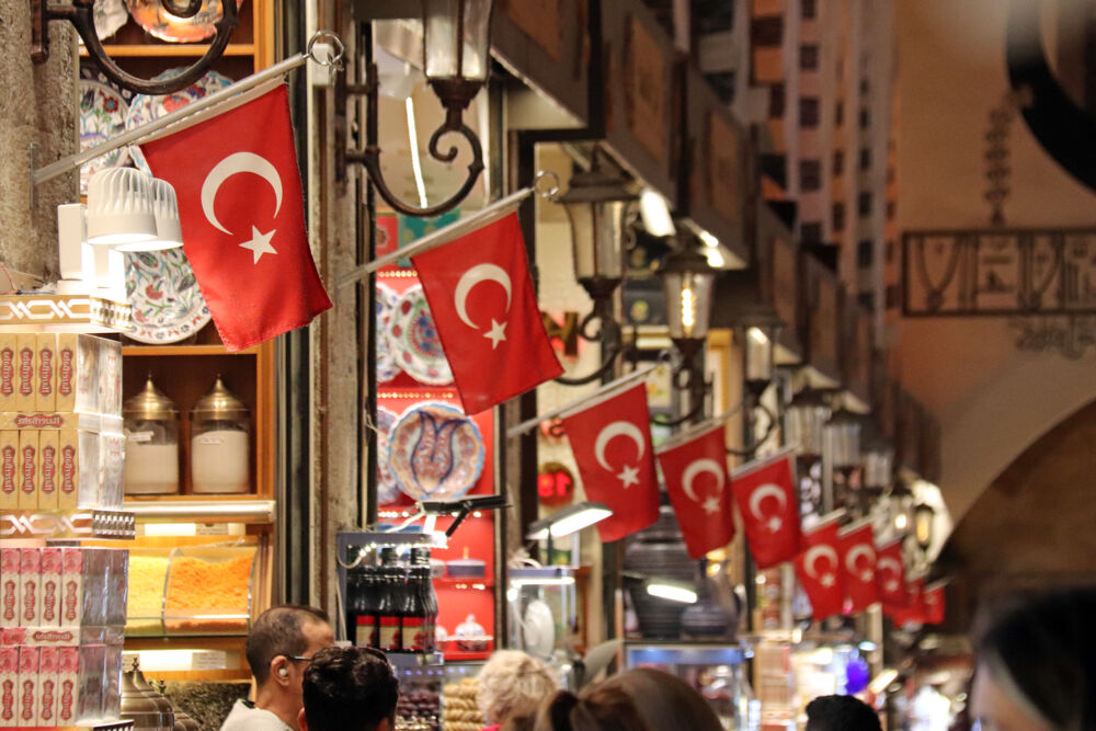Turkish National flags hanging in the Grand Bazaar