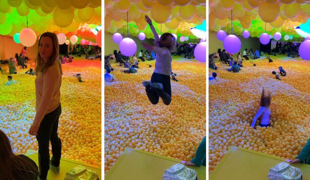 London Blogger Jumping into the Hyperfeeling Balloon Installation at the London Balloon Museum