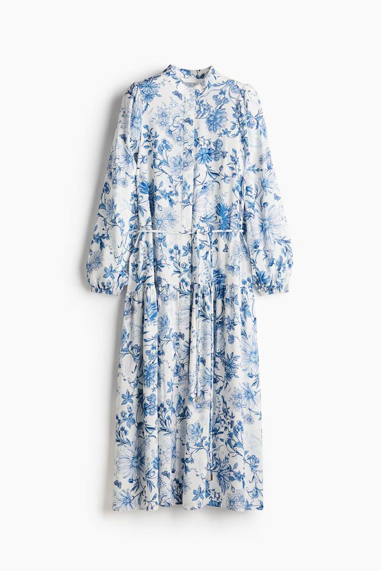 The H&M Long Puff-Sleeved Dress in White and blue floral