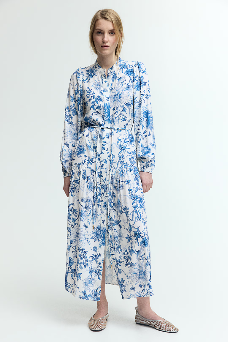 The H&M Long Puff-Sleeved Dress in White and blue floral