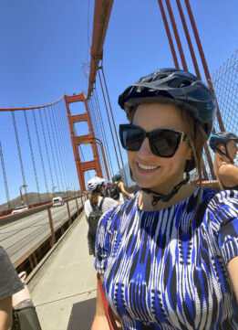 Biking over the Golden Gate Bridge wearing Abstract Print Dress