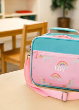 Toddler school supplies - Pottery Barn Astor Pink Rainbow Unicorn Lunch Boxes