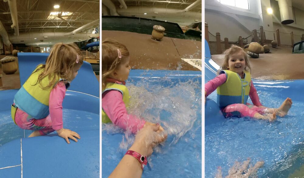 A series of action shots of a toddler girl in a life jacket splashing down a blue slide.