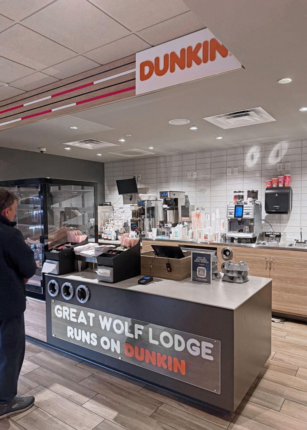 The Dunkin' storefront located inside the Great Wolf Lodge Poconos resort.
