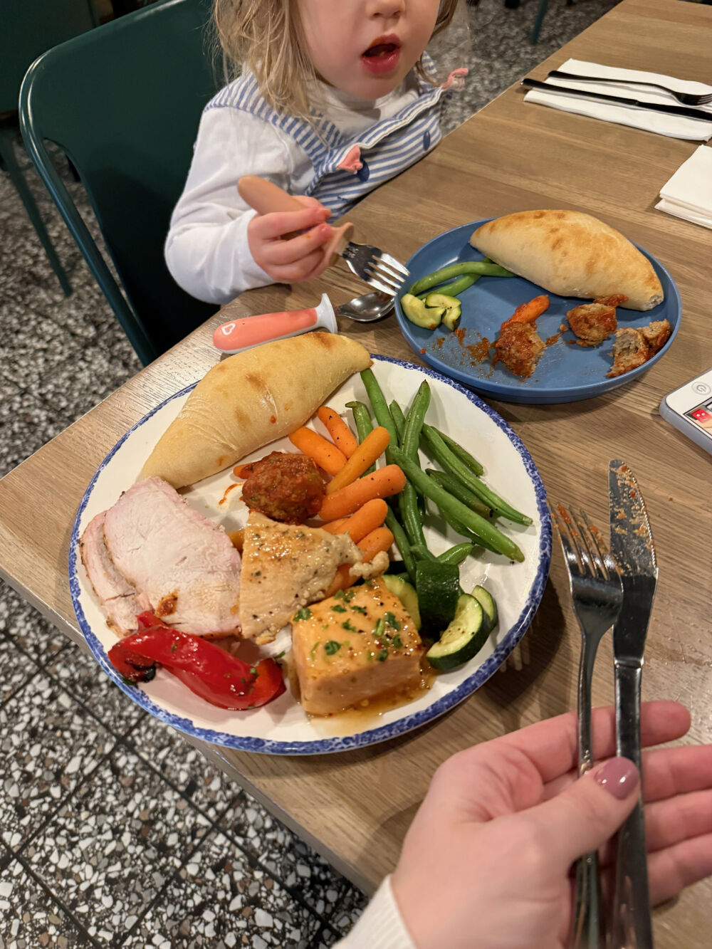 A dinner plate from Timbers Table & Kitchen featuring salmon, turkey, green beans, and carrots.