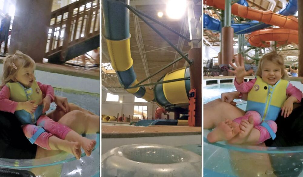 GoPro action shots of a toddler girl in a life jacket floating down the lazy river in a clear tube.