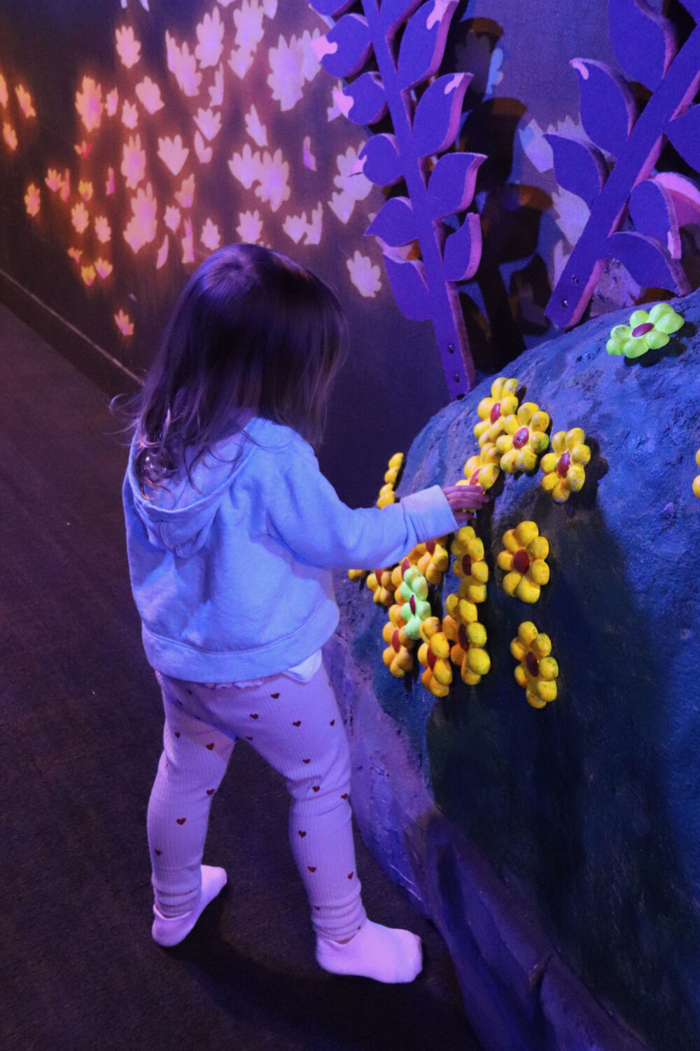 A young girl touching a glowing flower sensor as part of the MagiQuest interactive game.