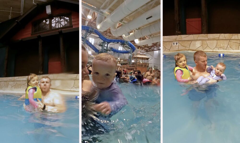 A collage showing a father and his kids playing in a swimming pool, including a baby in a rash guard.